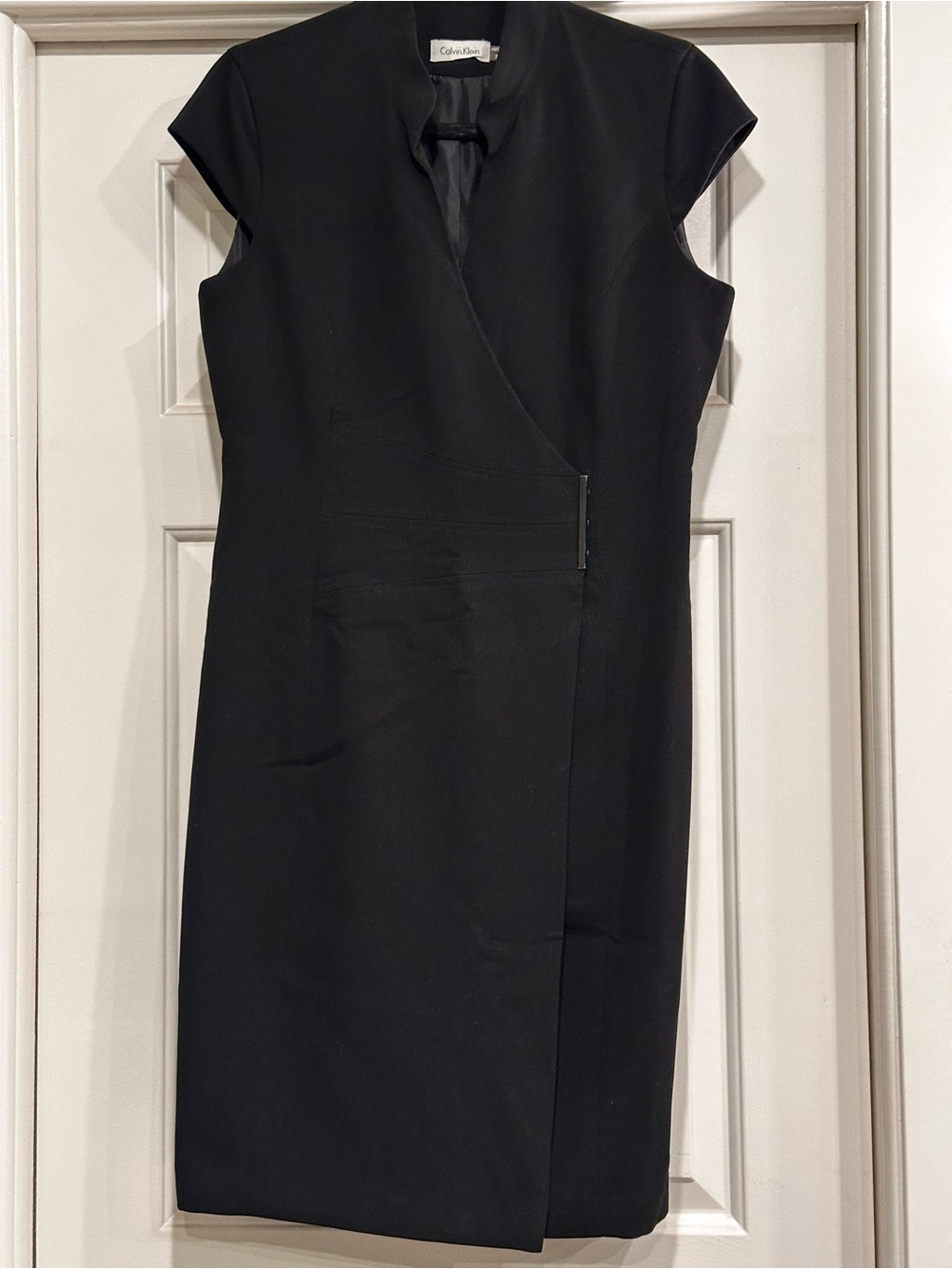 Calvin Klein Black Cap-Sleeve Wrap Sheath Dress with Sculpted Neckline